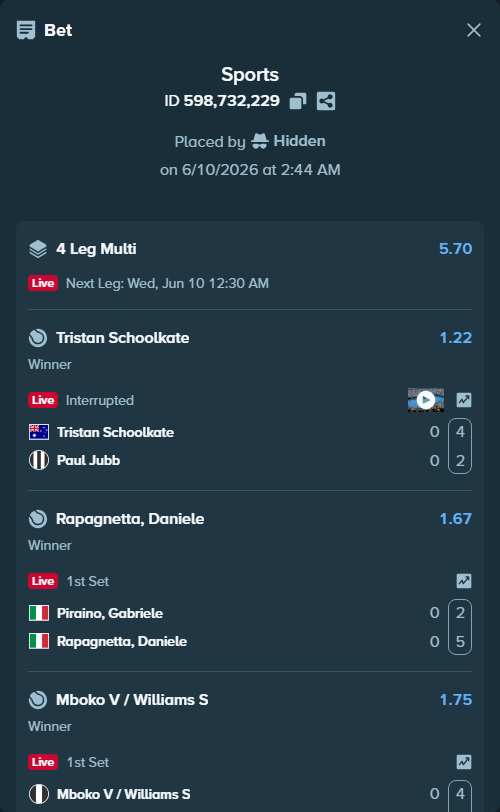 Bet slip: Tristan Schoolkate - Paul Jubb, $10,000.00 stake at 1.22 odds, placed by Hidden