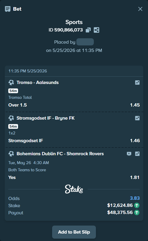 Bet slip: Tromso - Aalesunds, $12,624.86 stake at 1.45 odds, placed by Eray10