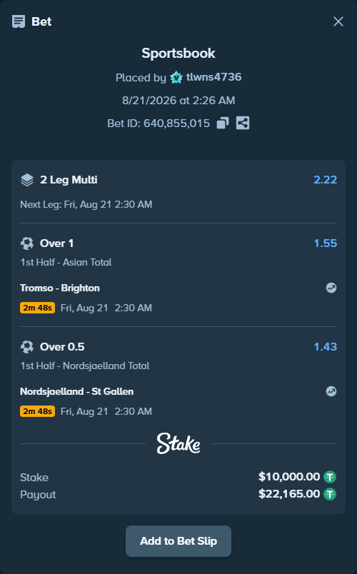Bet slip: Tromso - Brighton, $10,000.00 stake at 1.55 odds, placed by tlwns4736