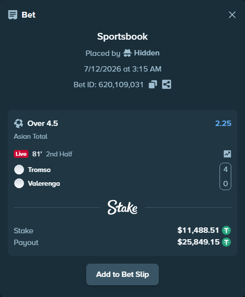 Bet slip: Tromso - Valerenga, $11,500.00 stake at 2.25 odds, placed by Hidden