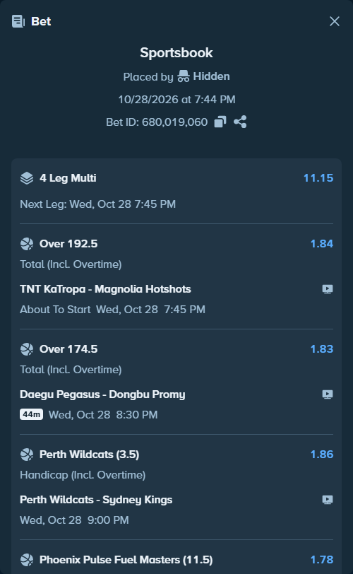 Bet slip: Tropang 5G - Timplados Hotshots, $71,131.95 stake at 1.84 odds, placed by Hidden