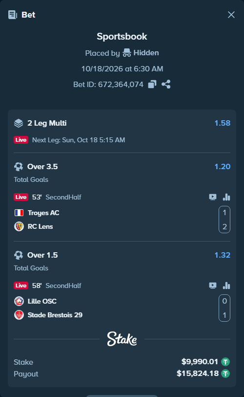 Bet slip: Troyes - Lens, $10,000.00 stake at 1.20 odds, placed by Hidden