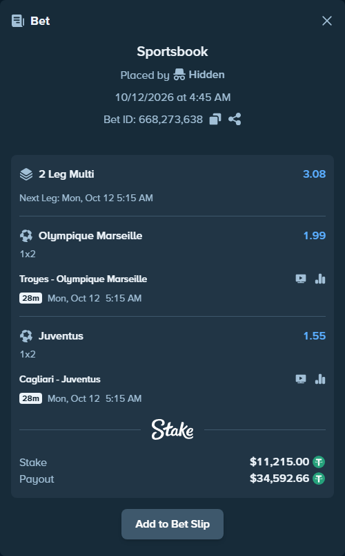 Bet slip: Troyes - Olympique Marseille, $11,226.21 stake at 1.99 odds, placed by tqiforcat