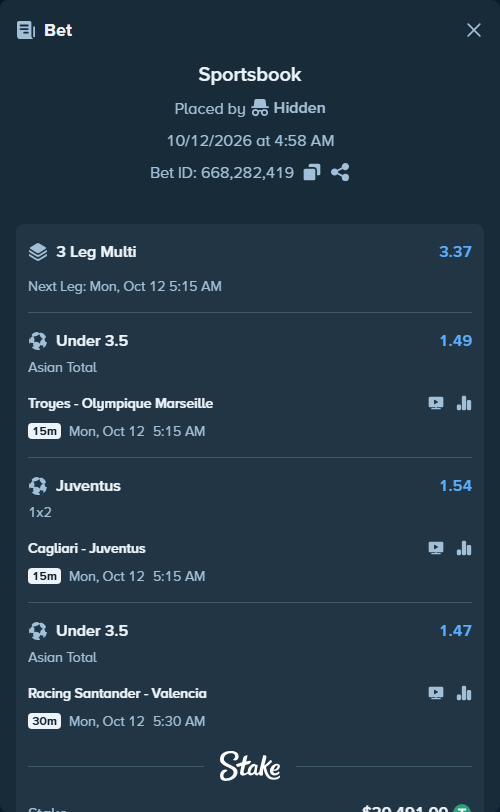 Bet slip: Troyes - Olympique Marseille, $20,511.49 stake at 1.49 odds, placed by Hidden