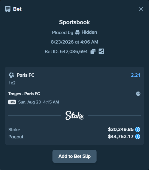 Bet slip: Troyes - Paris FC, $20,249.85 stake at 2.21 odds, placed by Hidden