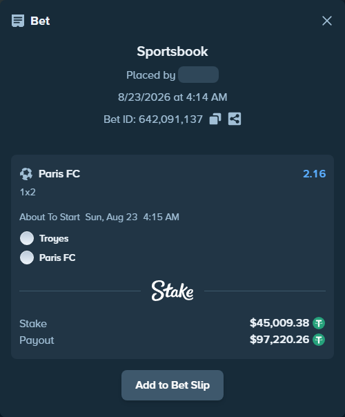 Bet slip: Troyes - Paris FC, $45,009.38 stake at 2.16 odds, placed by partizanti22