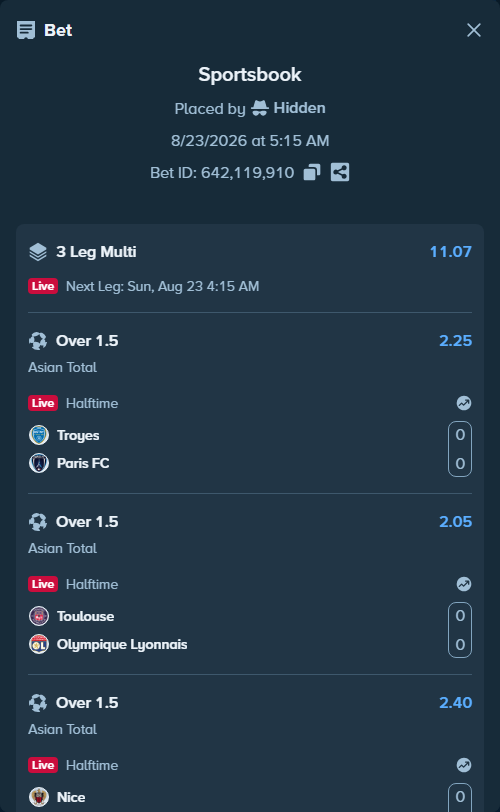 Bet slip: Troyes - Paris FC, $50,000.00 stake at 2.25 odds, placed by Hidden