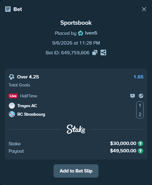 Bet slip: Troyes - Strasbourg, $30,000.00 stake at 1.65 odds, placed by lven5