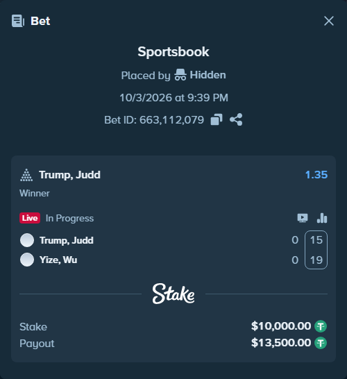 Bet slip: Trump, Judd - Yize, Wu, $10,000.00 stake at 1.35 odds, placed by Hidden