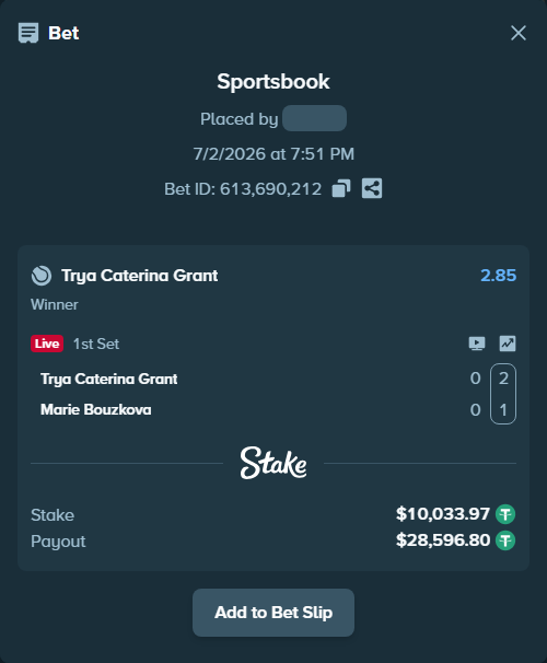 Bet slip: Trya Caterina Grant - Marie Bouzkova, $10,044.00 stake at 2.85 odds, placed by piropiro12