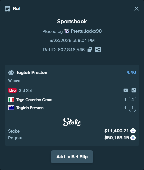 Bet slip: Trya Caterina Grant - Taylah Preston, $12,029.67 stake at 4.40 odds, placed by Prettylfacko98