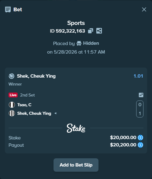 Bet slip: Tsao, C - Shek, Cheuk Ying, $20,000.00 stake at 1.01 odds, placed by Hidden