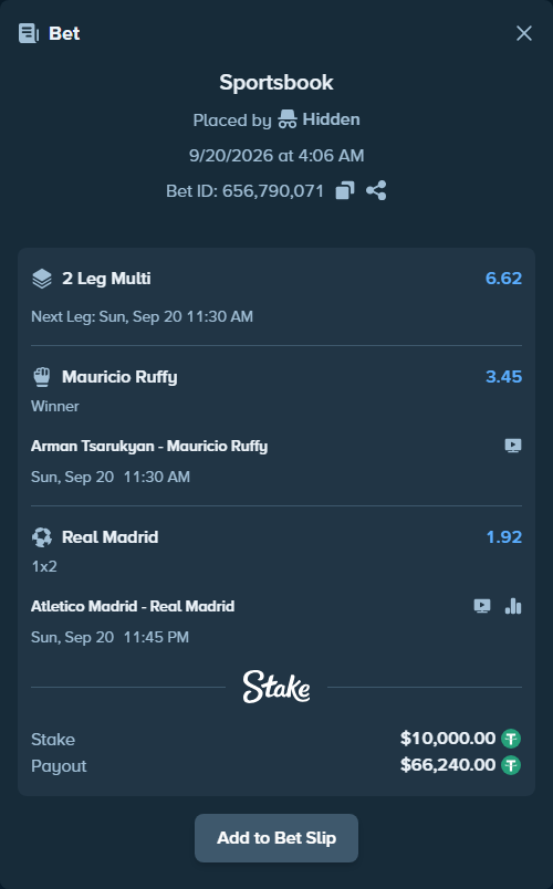 Bet slip: Tsarukyan, Arman - Mauricio Ruffy, $10,000.00 stake at 3.45 odds, placed by Hidden