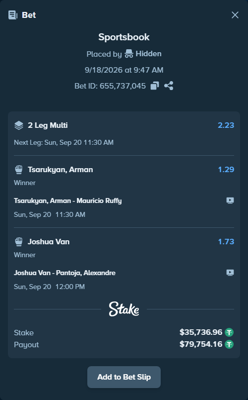 Bet slip: Tsarukyan, Arman - Mauricio Ruffy, $35,772.69 stake at 1.29 odds, placed by Hidden