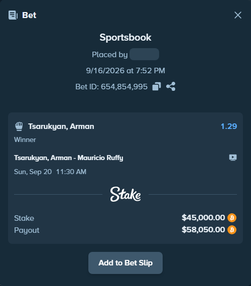Bet slip: Tsarukyan, Arman - Mauricio Ruffy, $44,681.07 stake at 1.29 odds, placed by desigiveaways