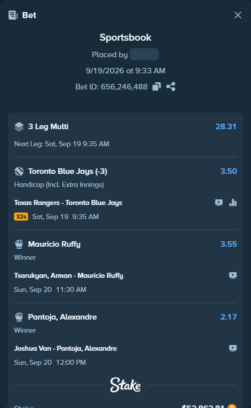 Bet slip: Tsarukyan, Arman - Mauricio Ruffy, $52,984.24 stake at 3.55 odds, placed by XposedTwirch