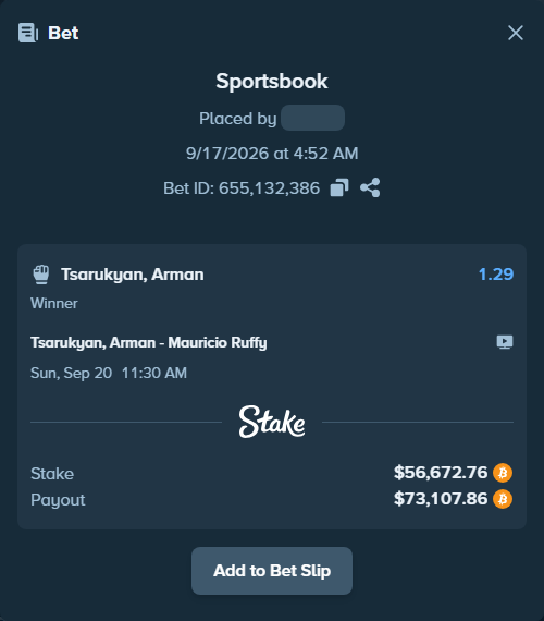 Bet slip: Tsarukyan, Arman - Mauricio Ruffy, $56,962.31 stake at 1.29 odds, placed by desigiveaways