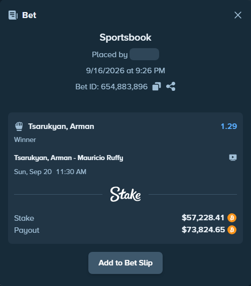 Bet slip: Tsarukyan, Arman - Mauricio Ruffy, $57,536.35 stake at 1.29 odds, placed by desigiveaways