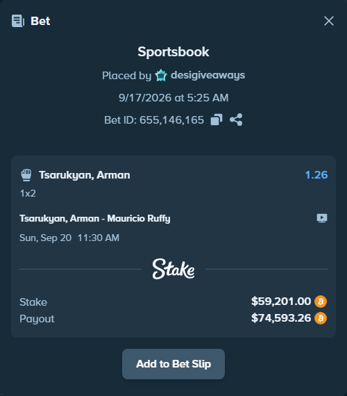 Bet slip: Tsarukyan, Arman - Mauricio Ruffy, $59,337.91 stake at 1.26 odds, placed by desigiveaways