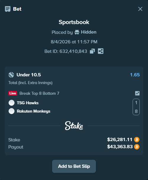 Bet slip: TSG Hawks - Rakuten Monkeys, $26,540.95 stake at 1.65 odds, placed by Hidden