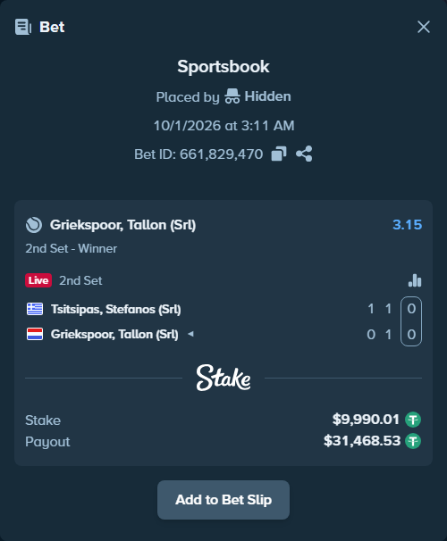 Bet slip: Tsitsipas, Stefanos (Srl) - Griekspoor, Tallon (Srl), $10,000.00 stake at 3.15 odds, placed by Hidden