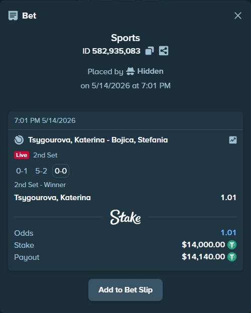 Bet slip: Tsygourova, Katerina - Bojica, Stefania, $14,000.00 stake at 1.01 odds, placed by Hidden