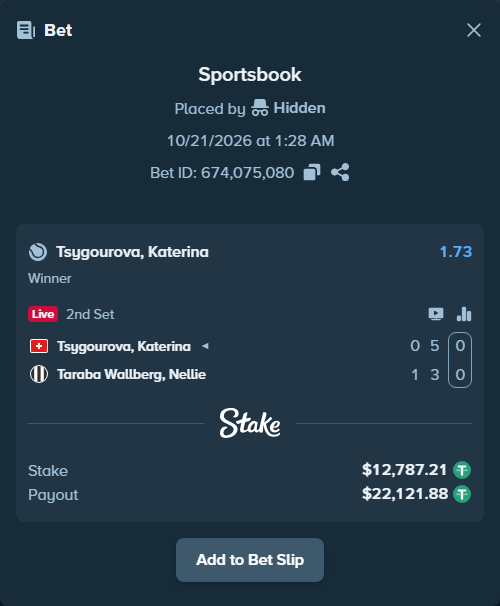 Bet slip: Tsygourova, Katerina - Taraba Wallberg, Nellie, $12,800.00 stake at 1.73 odds, placed by Hidden