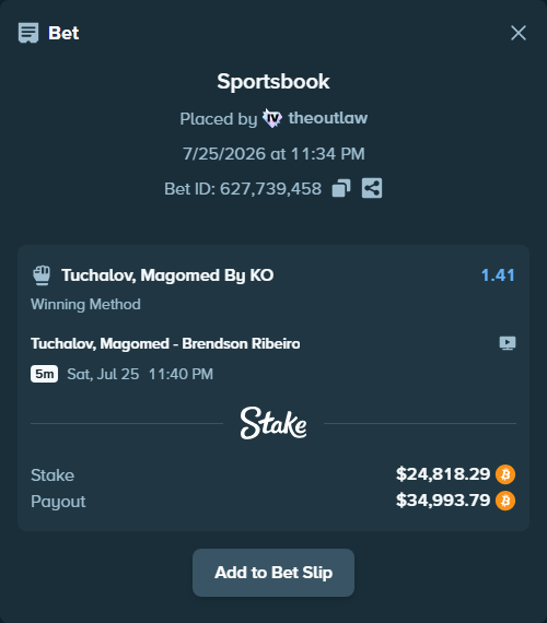 Bet slip: Tuchalov, Magomed - Brendson Ribeiro, $24,872.10 stake at 1.41 odds, placed by theoutlaw