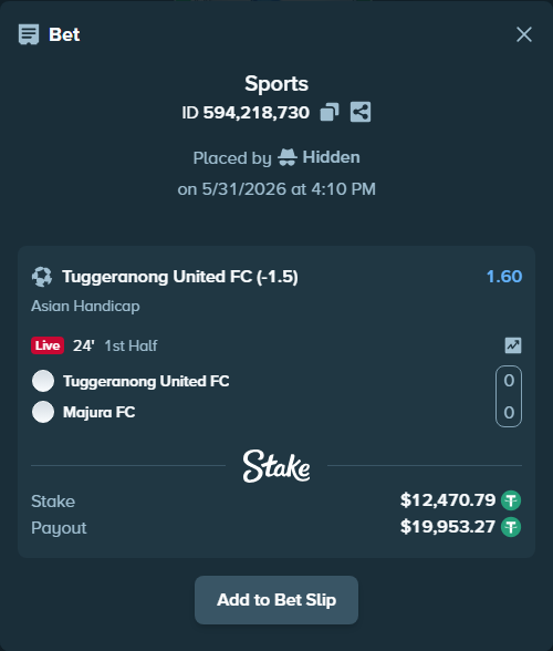 Bet slip: Tuggeranong United FC - Majura FC, $12,483.26 stake at 1.60 odds, placed by Hidden
