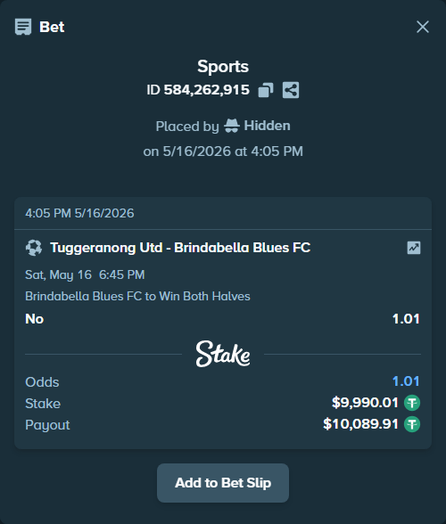Bet slip: Tuggeranong Utd - Brindabella Blues FC, $10,000.00 stake at 1.01 odds, placed by Hidden