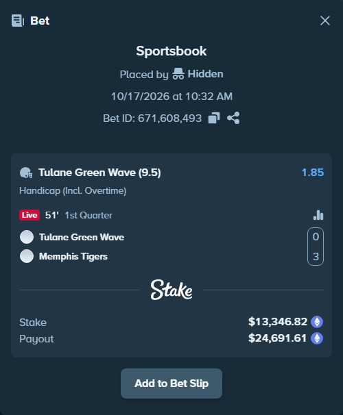 Bet slip: Tulane Green Wave - Memphis Tigers, $13,399.46 stake at 1.85 odds, placed by Hidden