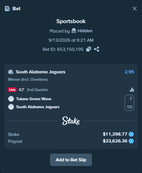 Bet slip: Tulane Green Wave - South Alabama Jaguars, $11,398.77 stake at 2.95 odds, placed by Hidden