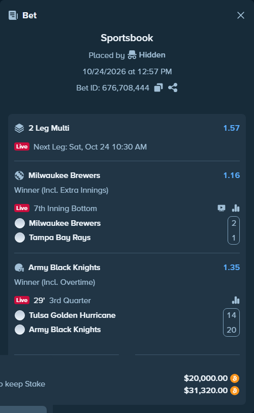 Bet slip: Tulsa Golden Hurricane - Army Black Knights, $19,925.60 stake at 1.35 odds, placed by Hidden