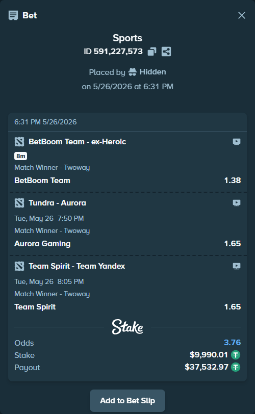 Bet slip: Tundra - Aurora Gaming, $10,000.00 stake at 1.65 odds, placed by Hidden
