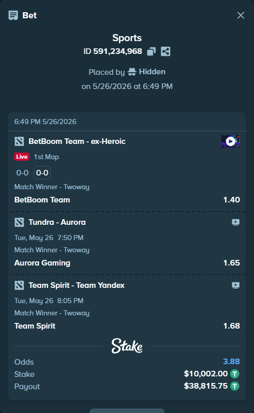 Bet slip: Tundra - Aurora Gaming, $10,012.00 stake at 1.65 odds, placed by Hidden