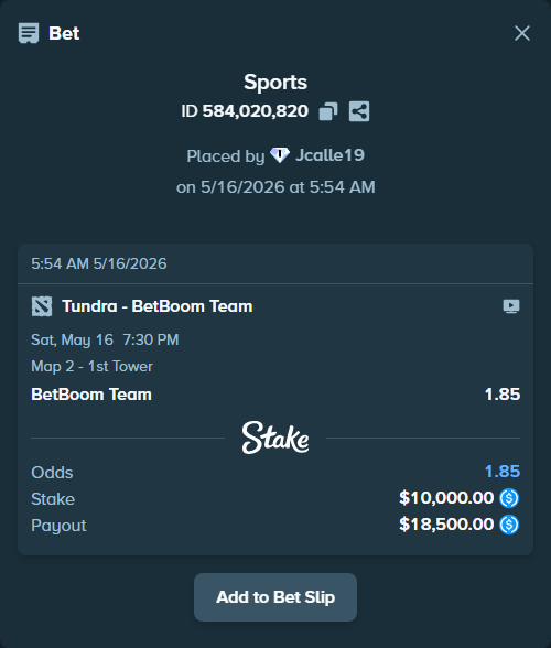 Bet slip: Tundra - BetBoom Team, $10,000.00 stake at 1.85 odds, placed by Jcalle19