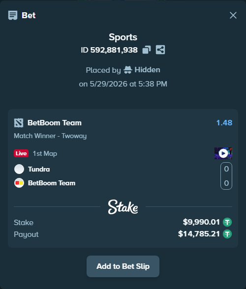 Bet slip: Tundra - BetBoom Team, $10,000.00 stake at 1.48 odds, placed by Hidden