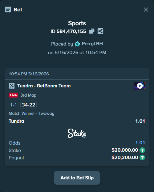 Bet slip: Tundra - BetBoom Team, $20,000.00 stake at 1.01 odds, placed by PerryLBH