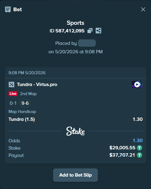 Bet slip: Tundra - Virtus.pro, $29,034.56 stake at 1.30 odds, placed by SlavikPR
