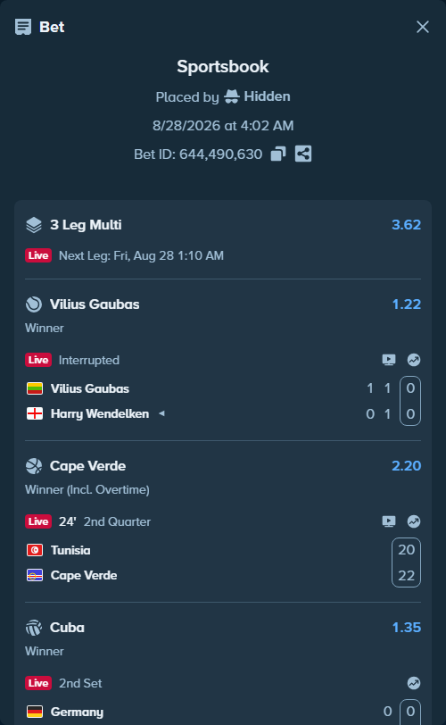 Bet slip: Tunisia - Cape Verde, $10,536.00 stake at 2.20 odds, placed by Hidden