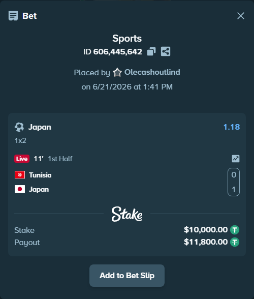 Bet slip: Tunisia - Japan, $10,010.00 stake at 1.18 odds, placed by Olecashoutlind