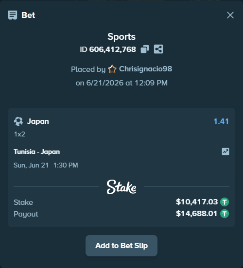 Bet slip: Tunisia - Japan, $10,427.44 stake at 1.41 odds, placed by Chrisignacio98