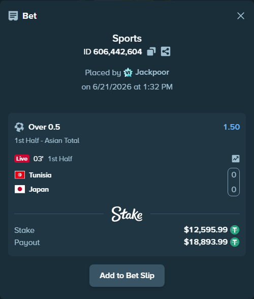 Bet slip: Tunisia - Japan, $12,608.59 stake at 1.50 odds, placed by Jackpoor