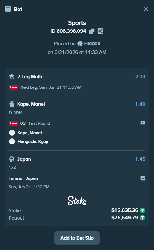 Bet slip: Tunisia - Japan, $12,648.00 stake at 1.45 odds, placed by Hidden