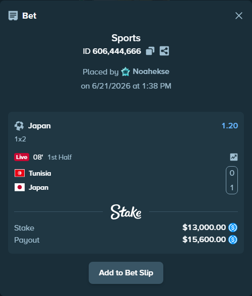 Bet slip: Tunisia - Japan, $13,000.00 stake at 1.20 odds, placed by Noahekse