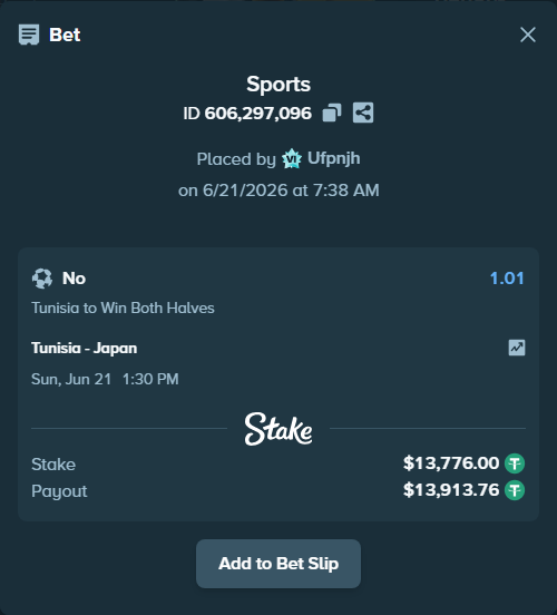 Bet slip: Tunisia - Japan, $13,789.78 stake at 1.01 odds, placed by Ufpnjh
