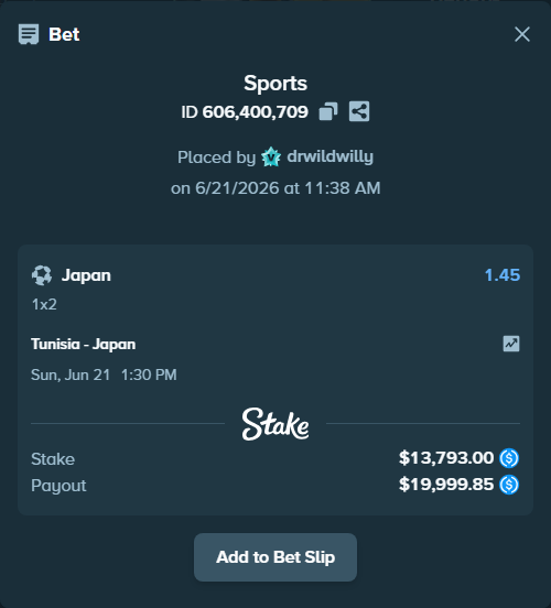 Bet slip: Tunisia - Japan, $13,793.00 stake at 1.45 odds, placed by drwildwilly