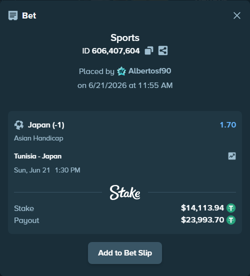 Bet slip: Tunisia - Japan, $14,128.05 stake at 1.70 odds, placed by Albertosf90
