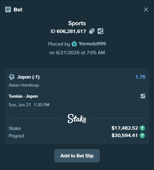 Bet slip: Tunisia - Japan, $17,500.00 stake at 1.75 odds, placed by Yarmola999