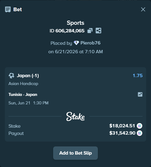 Bet slip: Tunisia - Japan, $18,167.50 stake at 1.75 odds, placed by Pierob76